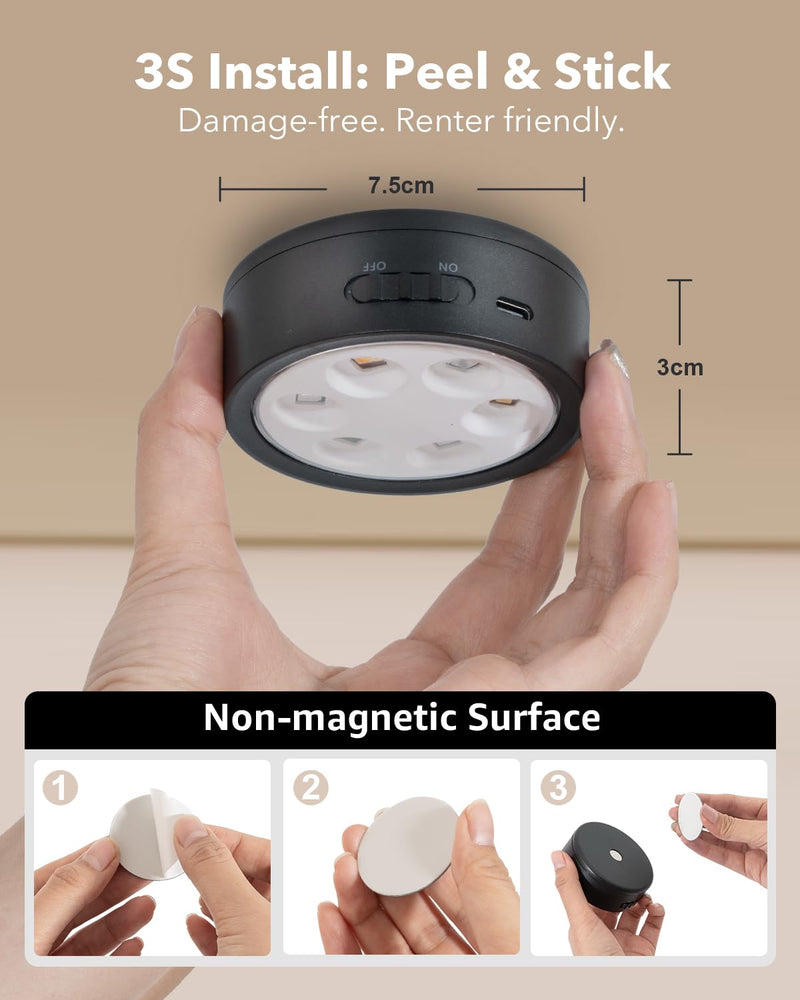 Rechargeable Under Cabinet Puck Lights with Remote Control, Black 2400mAh Battery Operated Push Button Light Stick On Magnetic Tap Lights Wireless Color Changing Touch Light for Closet Kitchen Counter 8 RGBCW