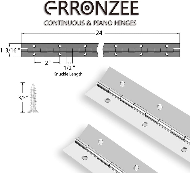 2PCS Piano Hinge 24 Inch Stainless Steel Continuous Hinge with Holes Heavy Duty Piano Hinge for Cabinets Boat Marine Door, Screw Included 0.04" Leaf Thickness 1.2'' Open Width