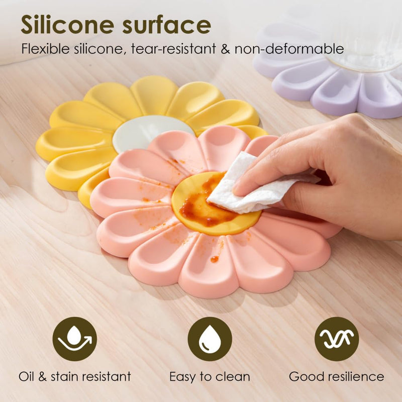 4Pcs Silicone Daisy Heat Pads, Creative Hot Pots Trivet Heat Resistant Mat for Kitchen Cooking White 17cm