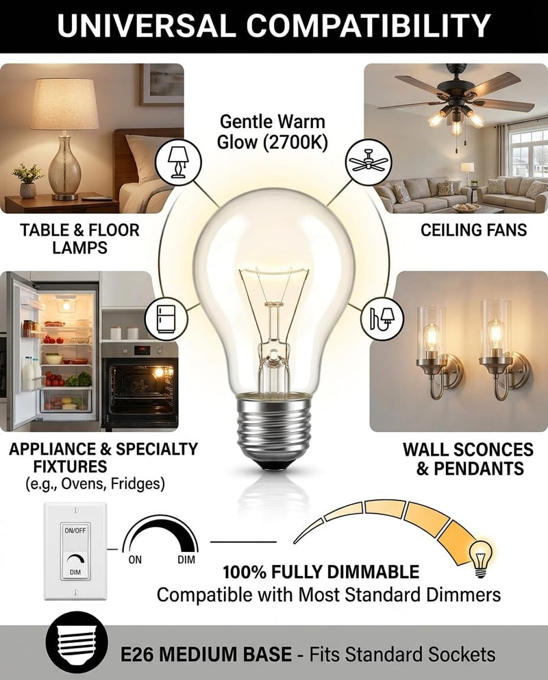 6 Pack A19 Incandescent Light Bulb 60W, Dimmable E26 Medium Base, 2700K Soft White, Eye-Soothing Warm Glow for Home, Garage, Lamp, Ceiling Fan, Shatter Resistant Rough Service Light Bulb