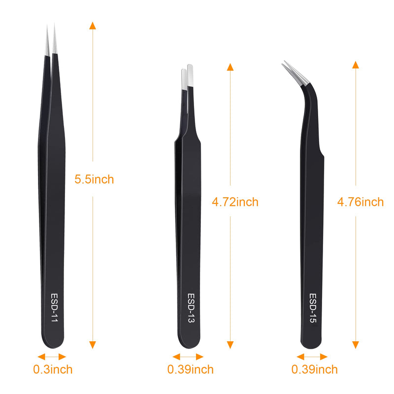 3PCS Precision Tweezers Set, Upgraded Anti-Static Stainless Steel of Tweezers, for Electronics, Soldering, Laboratory Work, Jewelry-Making, Model, Craft 3