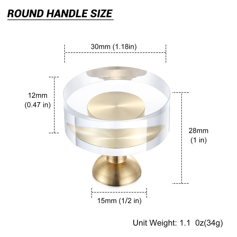 12-Pack 1-1/4-Inch White Cabinet Glass Crystal Brass knobs Brass Drawer Round Knobs Dresser Pulls, Gold Hardware Kitchen Closet knobs for Bifold Doors 12 Pack Round-1.2inch