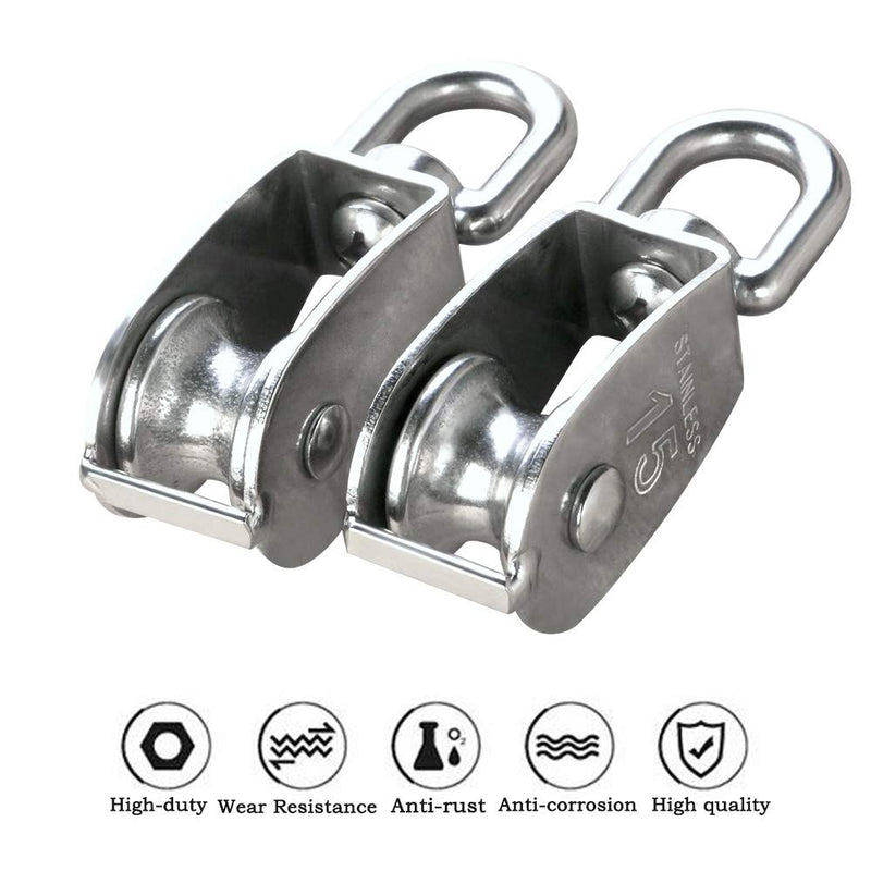 12Pcs Single Pulley Block (M15), AUHOKY 304 Stainless Steel Hanging Wire Towing Wheel, Swivel Lifting Wire Rope Cable Pulley Roller, Max-Load 35kg/77lbs 12 Pcs