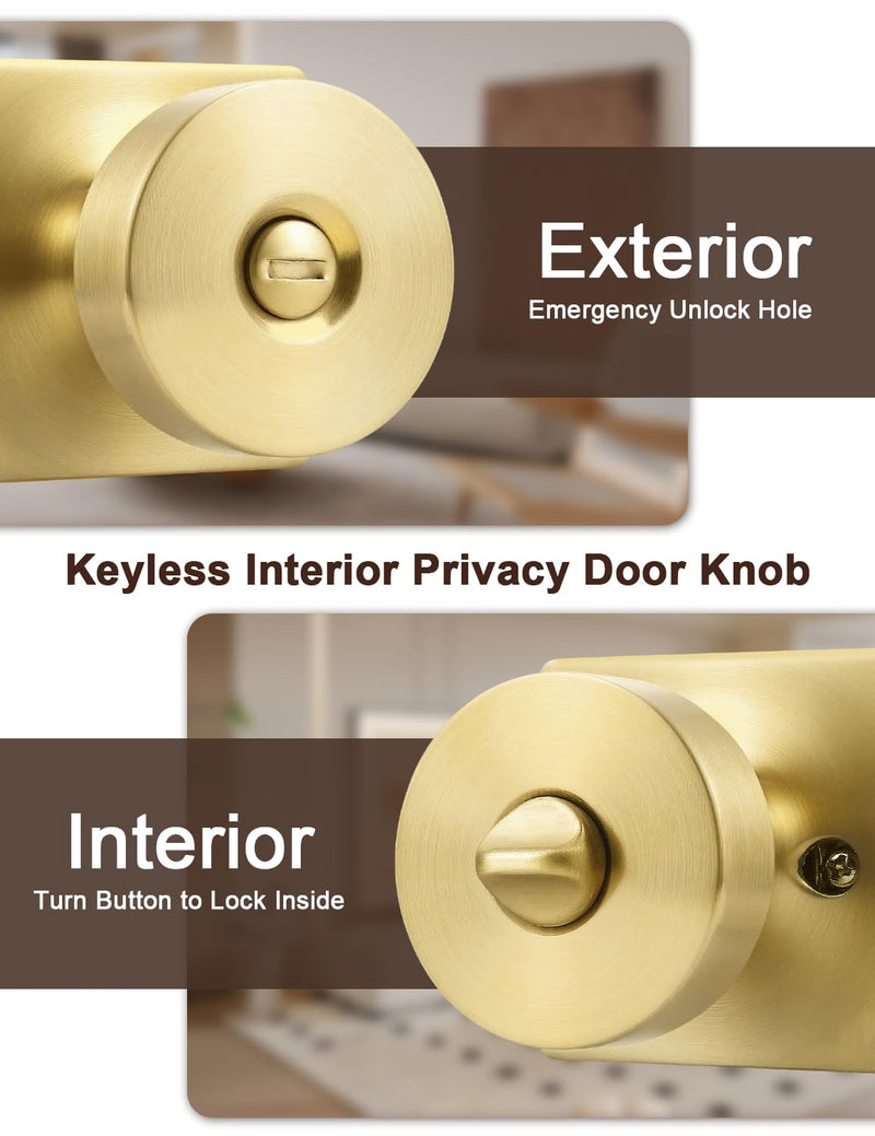 Tinewa 1 Pack Gold Interior Privacy Door Knob with Lock, Brushed Brass Bedroom Door Locks, Keyless Privacy Door Handle Locks, Zinc Alloy Heavy Duty Door Knobs on Square Rose