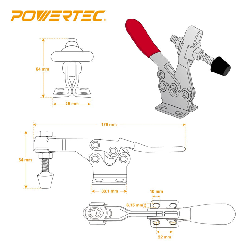POWERTEC 71819 Quick Release Horizontal Toggle Clamp 225D (500 lb Holding Capacity) with Mounting Plate