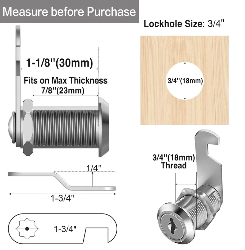 Cabinet Cam Locks Keyed Alike, 1-1/8'' Fits on 7/8'' Max Door Thickness, Secure File Drawer Mailbox RV Storage Replacement Set, Zinc Alloy (1-1/8 Inch 10Pcs) 1-1/8 Inch 10Pcs