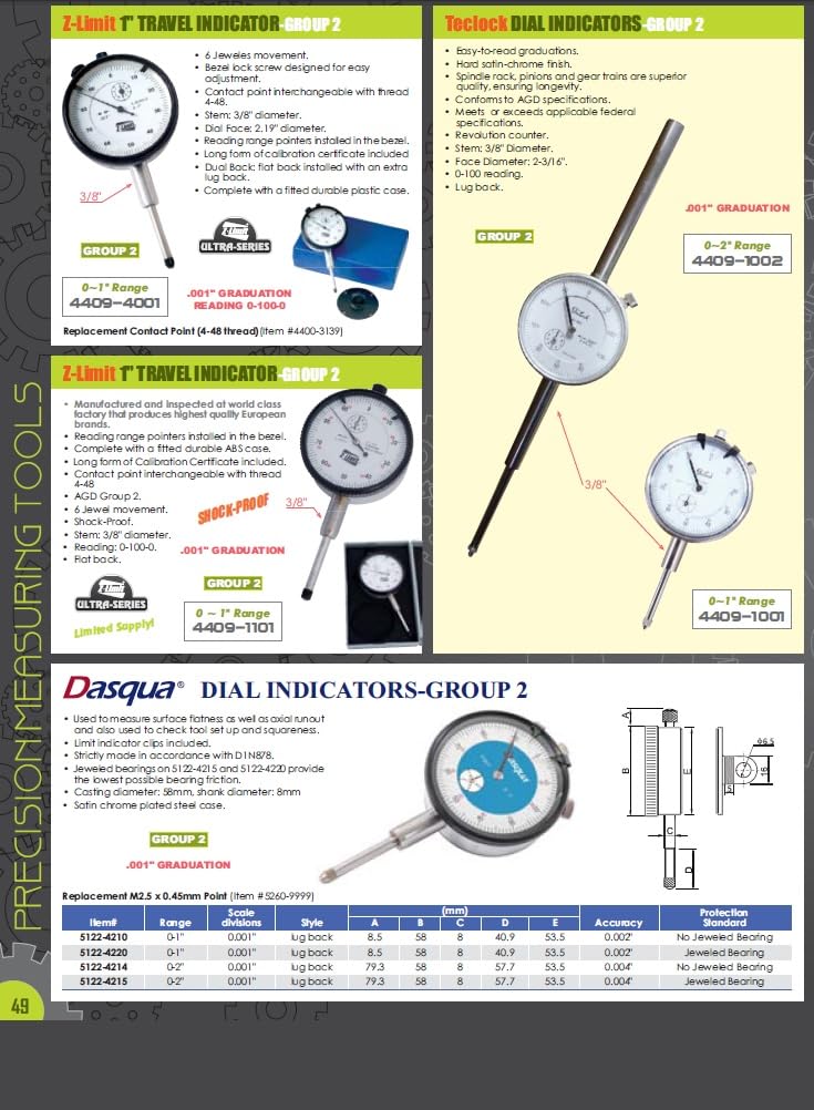 HHIP 4400-1100 Pro Series AGD Group 2" Dial Indicator, .0005" Graduation, 0-100 Reading, 0-1" Range 0-1" Range, .0005" Graduation