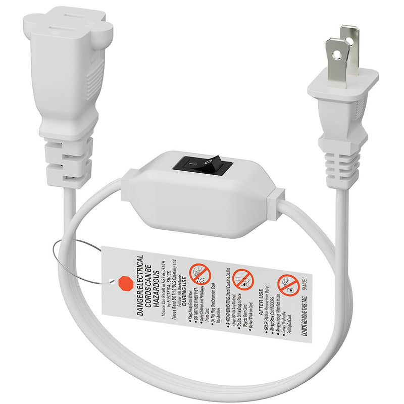 On Off Switch Extension Cord [2-Feet], 2-Prong/2 Outlet Polarized Extension Cord with Switch 12A/125V for Your Chargers/Lamp/Power Adapters etc, 16AWG Cord White