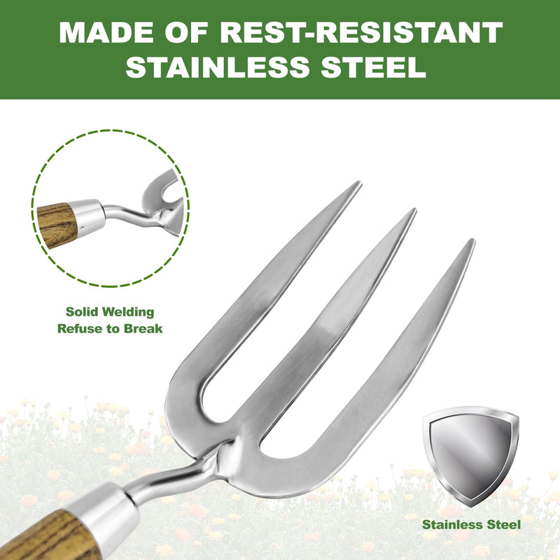Garden Hand Fork, Hand Weeding Fork with Sharp Tine for Easy Uprooting Large Weeds, Stainless Steel Garden Fork, Comfortable Grip Wood Handle Hand Fork for Fast Weeding, Loosening Soil and Composting 12.3'' Garden Hand Fork