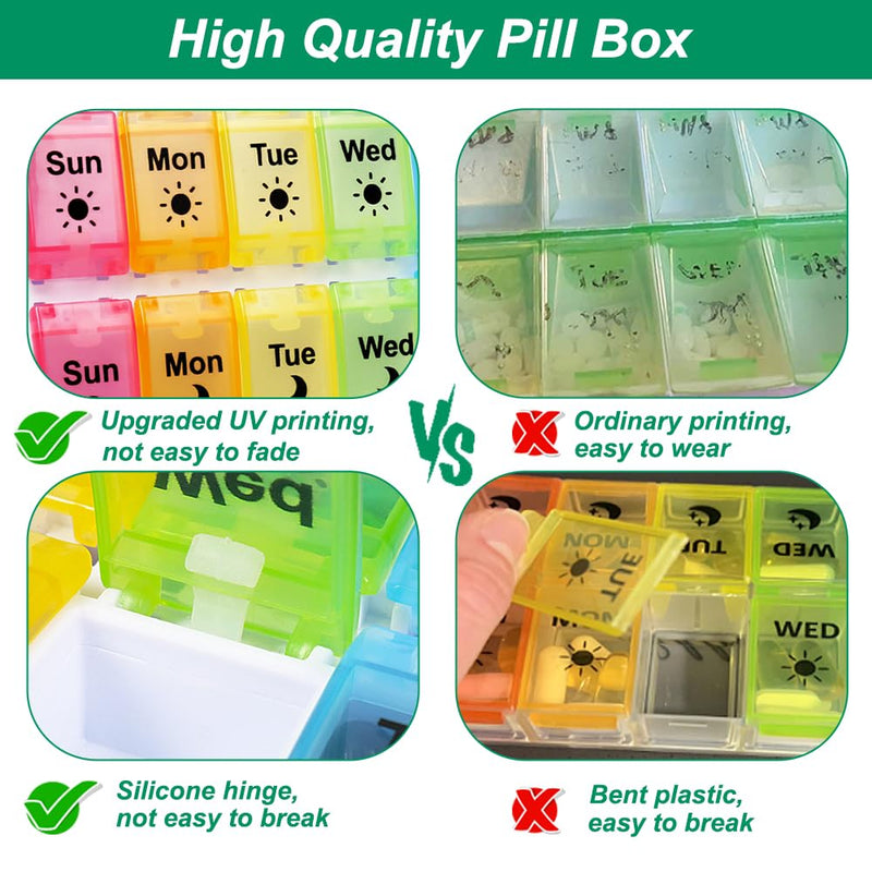 Shintop Am Pm Pill Organizer 7 Day, Push Button Weekly Pill Box 2 Times a Day Easy Fill Pill Holder Day Night Vitamin Case for Medications Fish Oil Supplements (Rainbow) Rainbow
