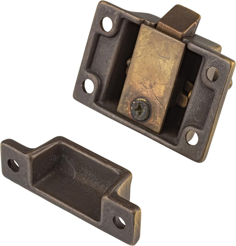 Small Heavy Duty Antique Brass Cabinet Door Latch - 1-3/4" × 1-3/4" - Spring Loaded Cupboard Door Latch with Oval Turn - Vintage Cabinet Hardware | UA-101-LAB (2) 2