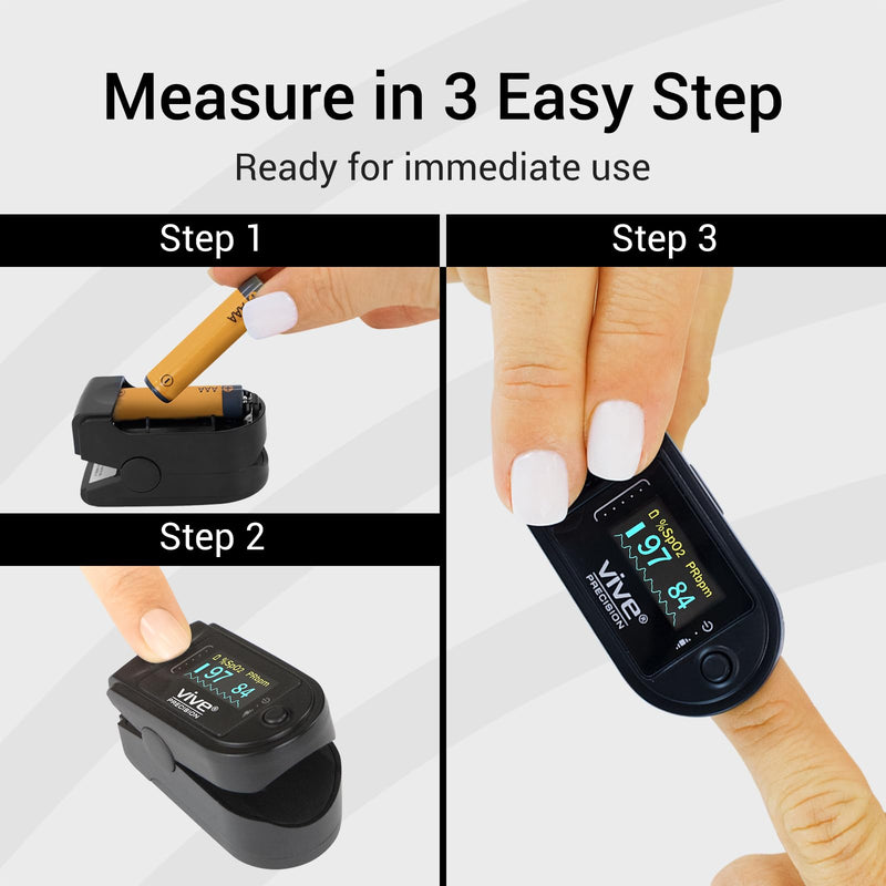 Vive Precision Pulse Oximeter - Oxygen Monitor Fingertip, Heart Rate Medical Grade Sensor LED Display - Accurate Finger Meter for Saturation SpO2, Lanyard & Batteries Included