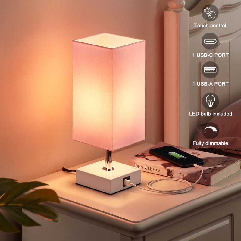 Ambimall Touch Control Table Lamp with 2 USB Charging Ports, 3 Way Touch Lamps Beside Desk, Nightstand Lamp for Bedrooms Living Room, Pink Shade with White Base, LED Bulb Included(Pink) A：pink