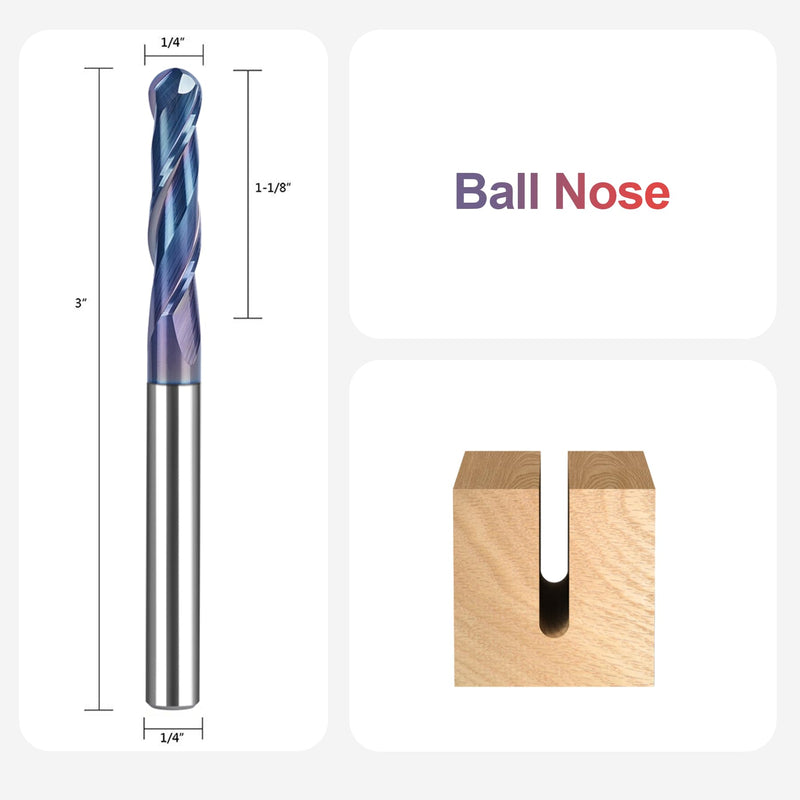 SpeTool Ball Nose CNC Spiral Router Bits, Double Flutes Carbide End Mill 1/4 Inch Shank with TAC Coating, 3 inch Over Length 1/4" Dia -1-1/8" CL - 1/4" Shank