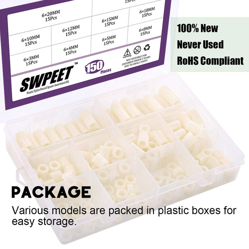 Swpeet 150Pcs Nylon Round Spacer Standoff Screw Nut Assortment Kit, Nylon PA66 Plastic Standoff OD 11mm and ID 6.2mm Length 3mm 4mm 5mm 8mm 10mm 12mm 15mm 18mm 20mm 25mm for M6 Screws Prototyping