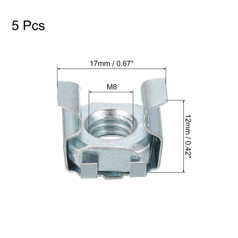 uxcell M8 x 1.25mm Cage Nut, 5Pcs Snap-in Cage Nuts, Carbon Steel Zinc Plated Metric Nut for Server Rack Cabinet, Silver 5