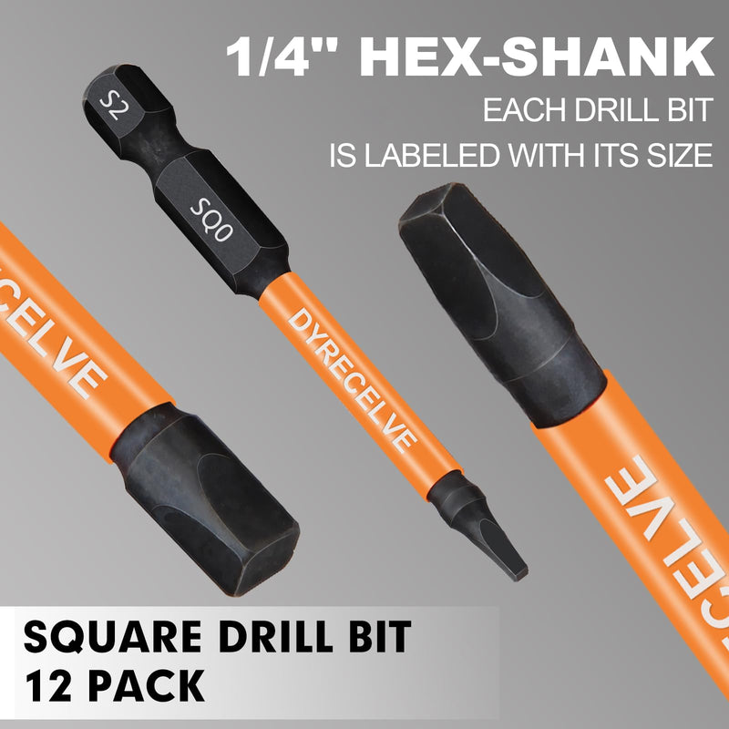 12-Pack Square Drive Bits- PREMIUM S2 Alloy Steel Square Bit Set Magnetic Heads- Robertson Square Drill Bit Set (Long 2.55"& Hex Shank) Square Head Screwdriver Sizes #0, 1, 2, 3, and #4 Black