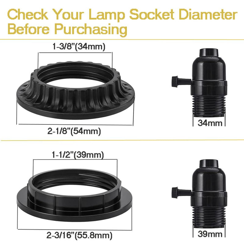4PCS E26 Light Socket Shade Rings Collar Rings, 2 Assorted Size Lamp Shade Rings 34mm 39mm Inner Diameter, Black Threaded Reducer 1-3/8 Inches and 1-1/2 Inch