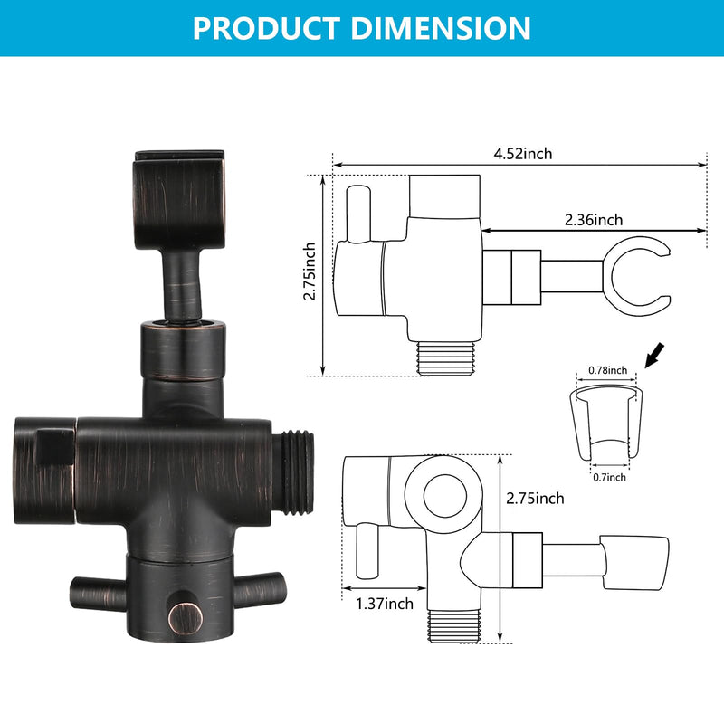 PDPBath Solid Brass 3 Way Shower Arm Diverter Valve with Handheld Holder for Dual Shower Heads with G1/2 Universal Connection - Oil Rubbed Bronze