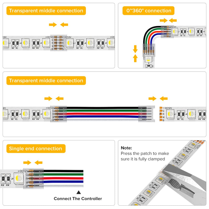 BTF-LIGHTING SMD 5 Pin 12mm 0.47in Width Transparent Connector Kit, 4xGapless Solderless 8pcs Corner Connectors,4pcs 5.9in Long 22AWG Extension Wires,Support 5050 SMD RGBW LED Strip Multi Function Connector