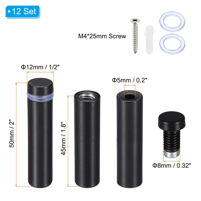 PATIKIL 1/2 x 2 Inch Sign Standoff Screws, 12 Set Stainless Steel Wall Standoff Mounting Hardware Advertising Glass Nail for Hanging Acrylic Picture Frame Acrylic Panel, Black
