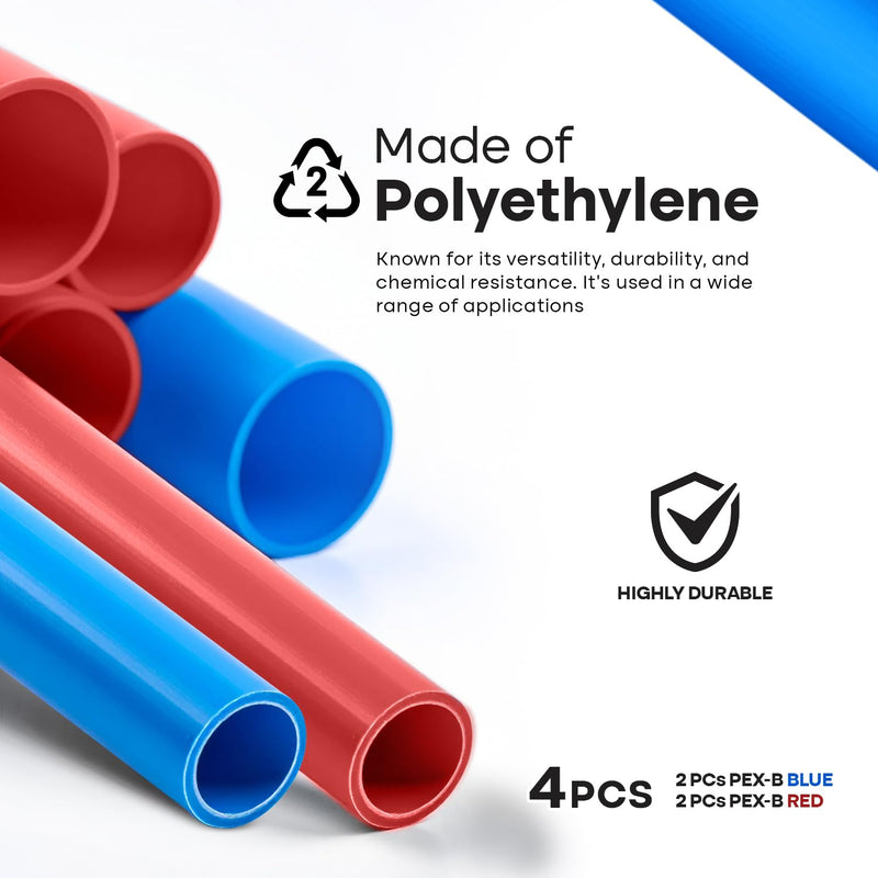 SUPPLYGIANT 3/4" x 4 Ft PEX-B Tube Stick, Pack of 2 Red and 2 Blue Pex Tubing for Potable Water Line Hot Water Plumbing, for Indoor/Outdoor Use 4.0