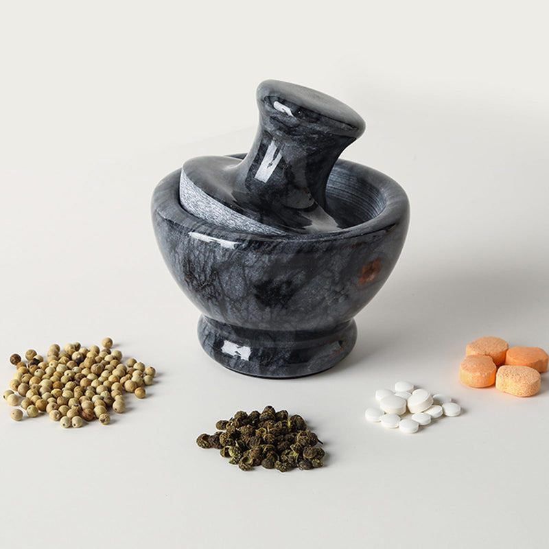 Marble Mortar and Pestle Set for Grinding Herbs Spice Pills Seeds Guacamole Garlic and Ginger Stone Grinder Seasoning Crusher Elegant and Cute Kitchen Tools Black