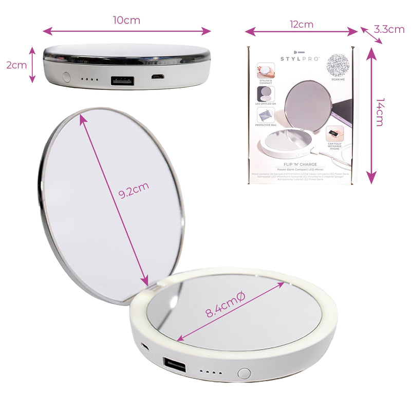 stylPro Flip N Charge Power Bank Compact Mirror with LED Light - Handheld Pocket Magnifying Mirror Travel Makeup & Hair Styling - 2 in 1 USB Charger - Mini Portable Mirror for Purse - 1 Piece