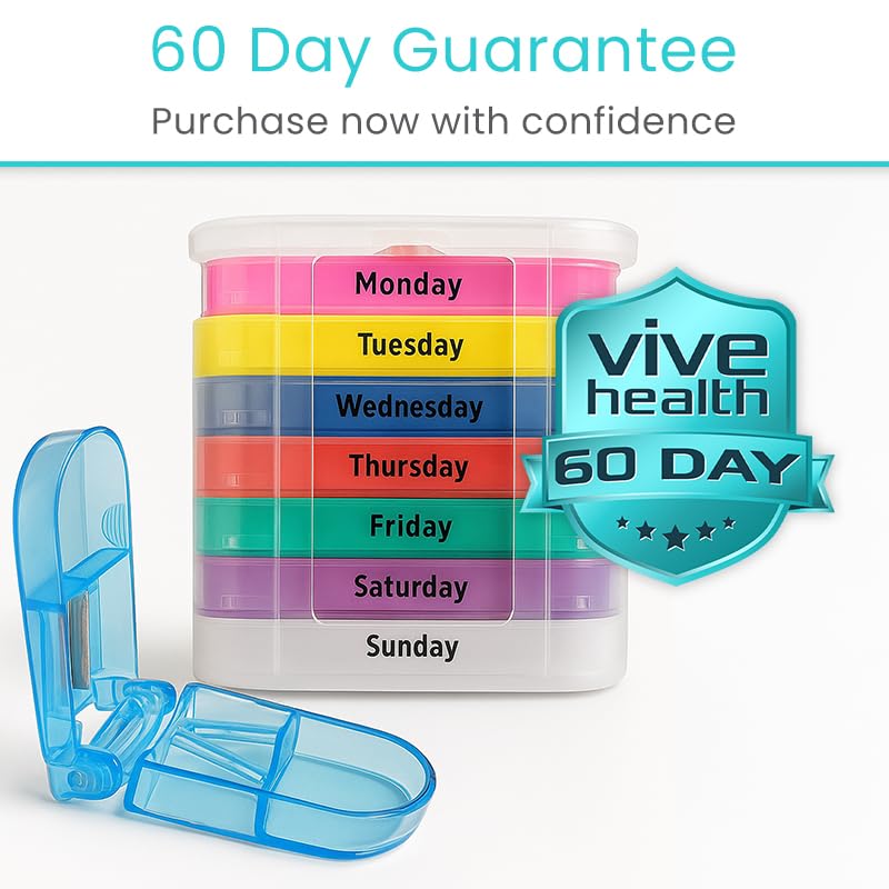 Vive Stackable Pill Organizer Tower with Pill Cutter, Splitter - 7 Days 4 Times A Day - Dispenser for Vitamins, Supplements and Medication - Weekly Stacking Pill Box Container with Travel Case