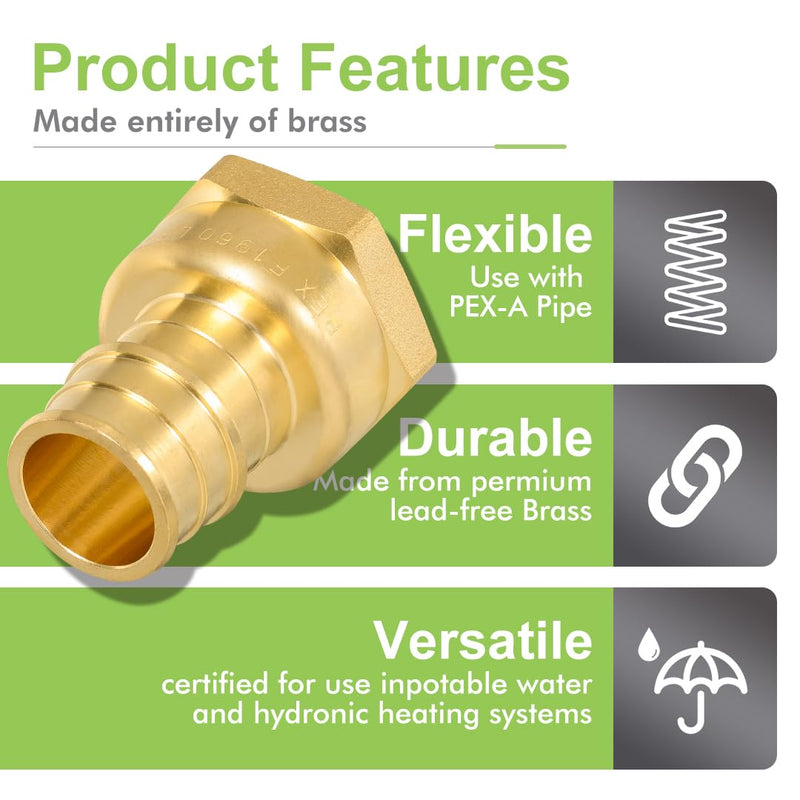 10 Pack Brass Expansion Female Adapter Fittings, 3/4 Inch Female NPT to 3/4 Inch PEX-A Brass Expansion PEX-A Fittings,NSF/ANSI 61 NSF 372 Certificate, ASTM F1960 Certified 3/4"Pex-A x 3/4"FIP-10Pack