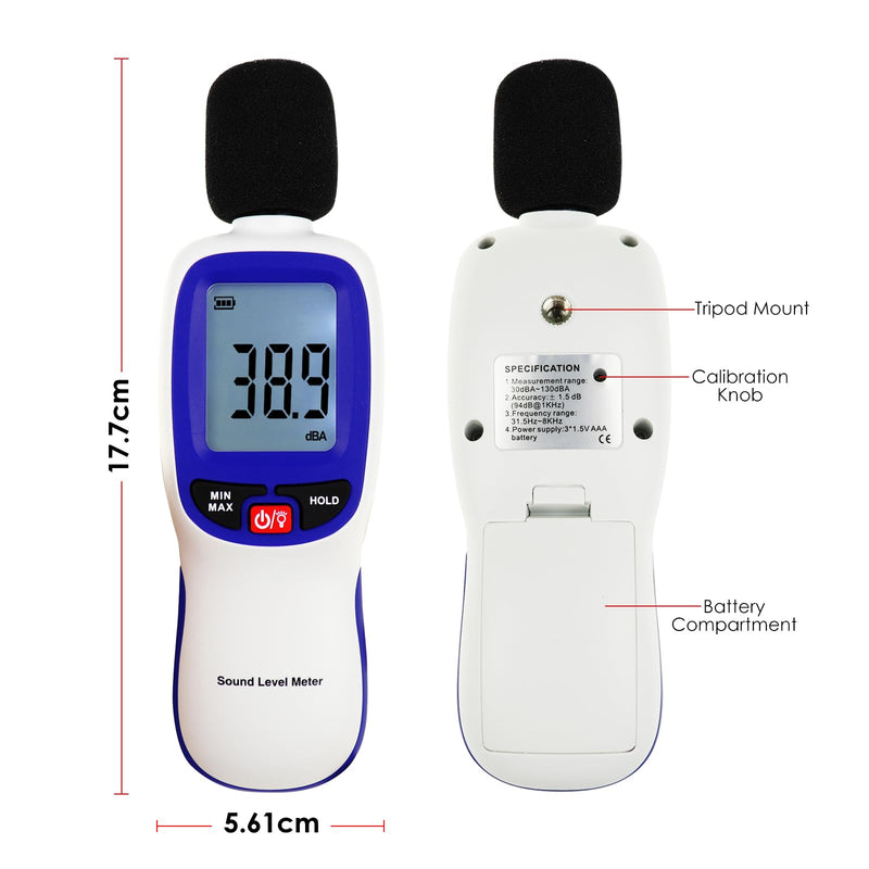 Decibel Meter with Data Logging, Sound Decibel Meter Bluetooth, Compatible with Smartphone for App Data Recording, 30dB to 130dB Sound Level Meter Portable SPL Meter for Home, Classroom, Factory