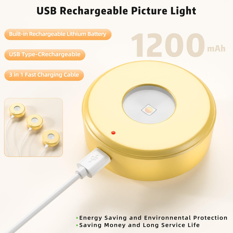 3PCS Picture Lights with Remote, Wireless Rechargeable Battery Wall Light for Paintings, 3 Colors Paintings Light Dimmable and Timer Metal Art Light for Display, Wall, Artwork, Gallery (Gold) Gold