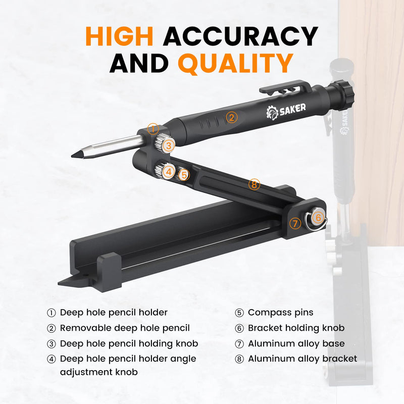 Saker Multi-function Scribing Tool- Construction Pencil- Aluminum Alloy Scribe Tool with Deep Hole Pencil,DIY Woodworking Scribe Gauge Scriber Line Maker Measuring Tool,Gifts For Men(BLACK)