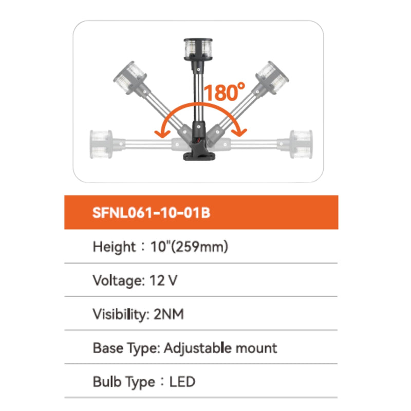 SEAFLO 01 Series All-Around LED Masthead Navigation Light- 2 NM Visibility, 10” Height, 12V, 2 W, Fixed Mount, For Boats Up to 65 FT (20 M), Stainless-Steel, CE & RoHs Certified (10") 10"