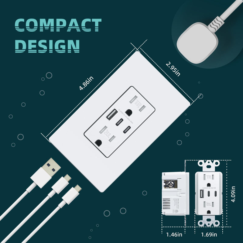 USB Wall Outlets, 3-Port USB C Outlet Receptacles, 30W 6.0A USB Electrical Outlet, 15 Amp Tamper-Resistant Outlet with Dual C Ports, ETL & FCC Listed, Screwless Wall Plate Included, White 15A 1
