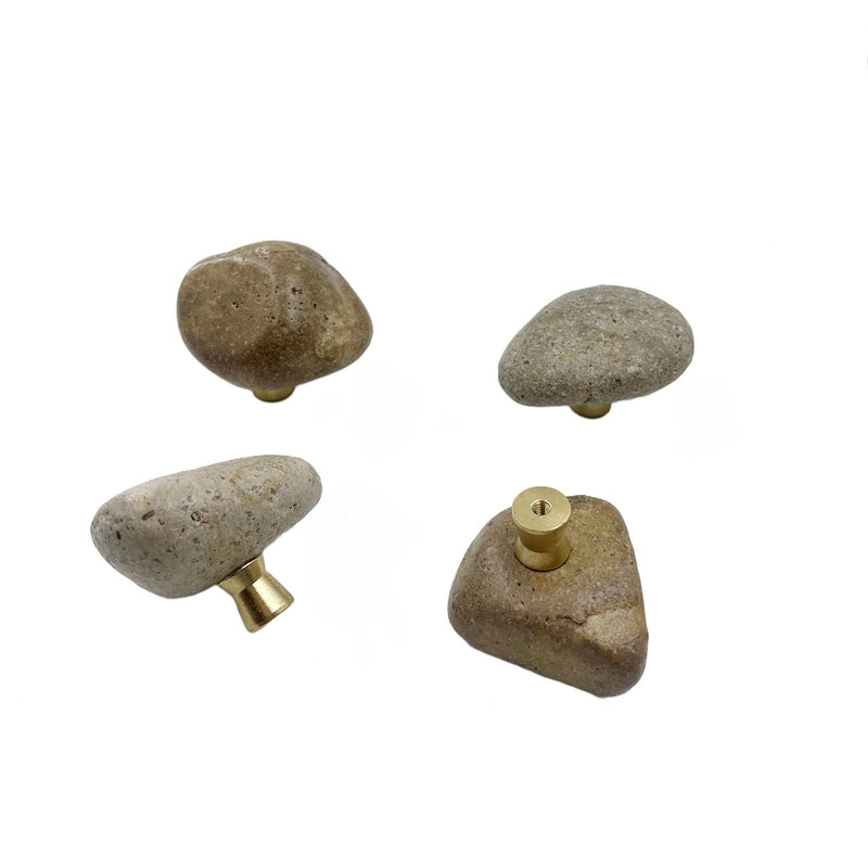 4 Pack Unique Single Hole Irregular Rock-Shaped Drawer Knobs with Brass Base Natural Style Decorative Stone Pull Knobs for Cabinet Furniture Dresser Handle with Screws