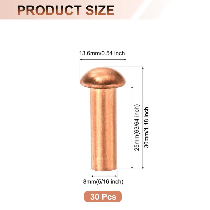 uxcell 30 Pcs Copper Solid Rivets, 5/16" x 63/64" Round Head Rivet Metal Fasteners Metal Stud Fasteners for Electrical Applications Copper Finish, Copper Tone 5/16" x 63/64"