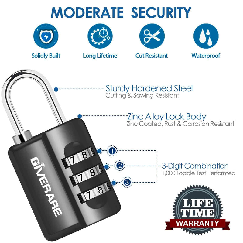 GIVERARE 4 Pack Combination Lock, 3-Digit Padlock Keyless, Resettable Luggage Locks for Backpack, Gym & School & Employee Locker, Weatherproof Travel Lock for Fence, Backyard Gate, Hasp, Case-Black Black