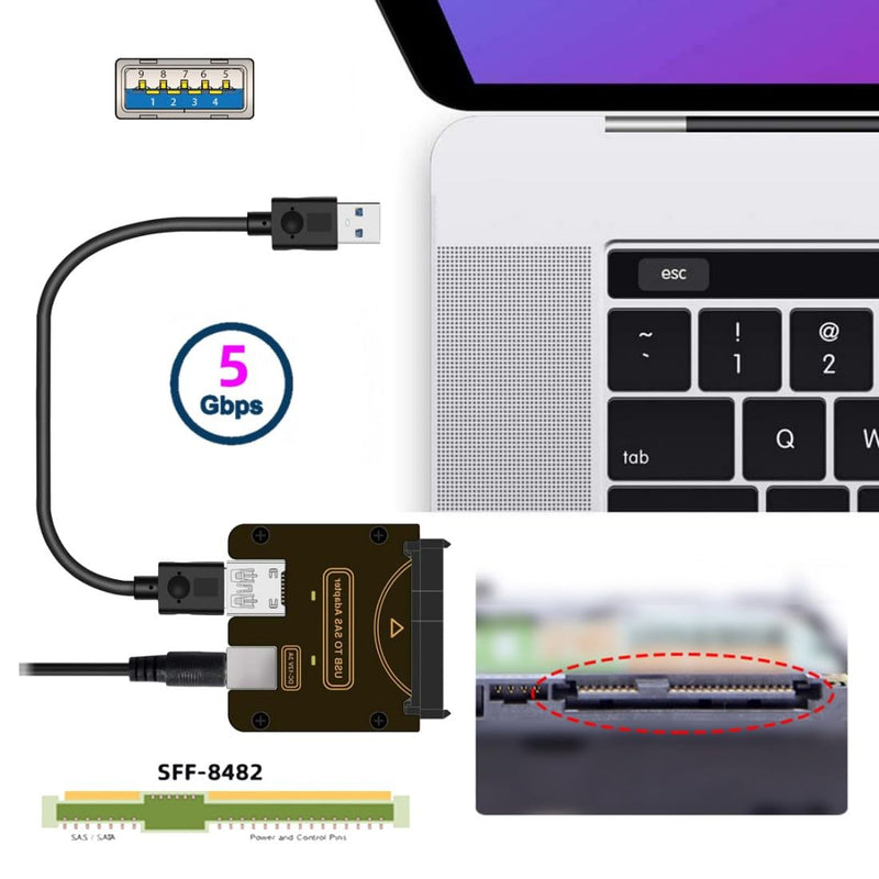 chenyang USB 3.0 to SAS Adapter for 2.5/3.5" SFF-8482 SAS Hard Disks to USB Converter Adapter Without Power Supply (Need Power Supply to Work)