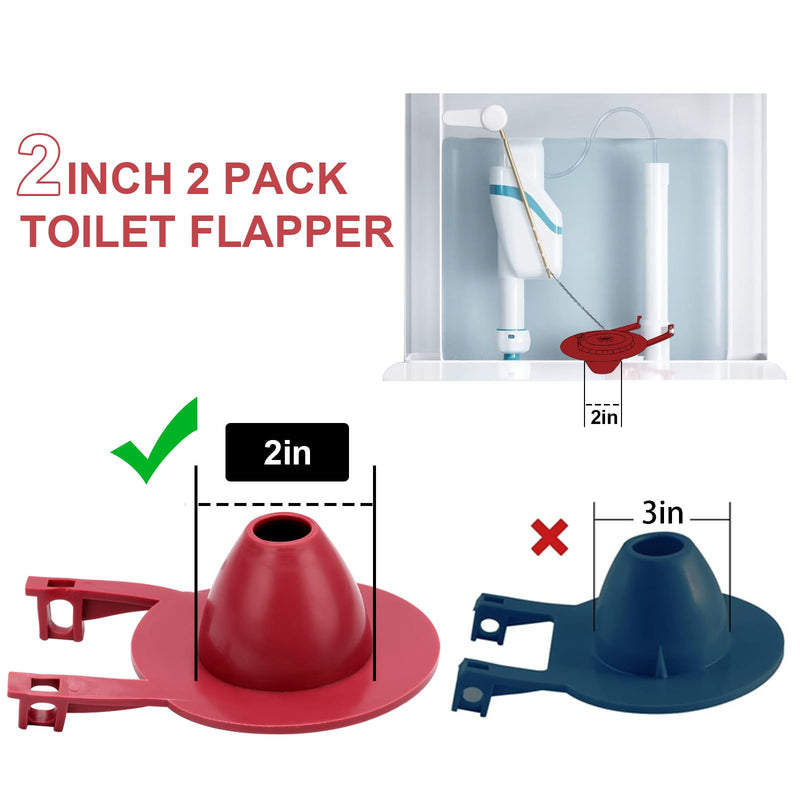 2 Pack 2-Inch Toilet Flapper Replacement Kit High Performance Universal Toilet Tank Flapper with Stainless Chain & Hook, Long Lasting Rubber, Easy to Install Red