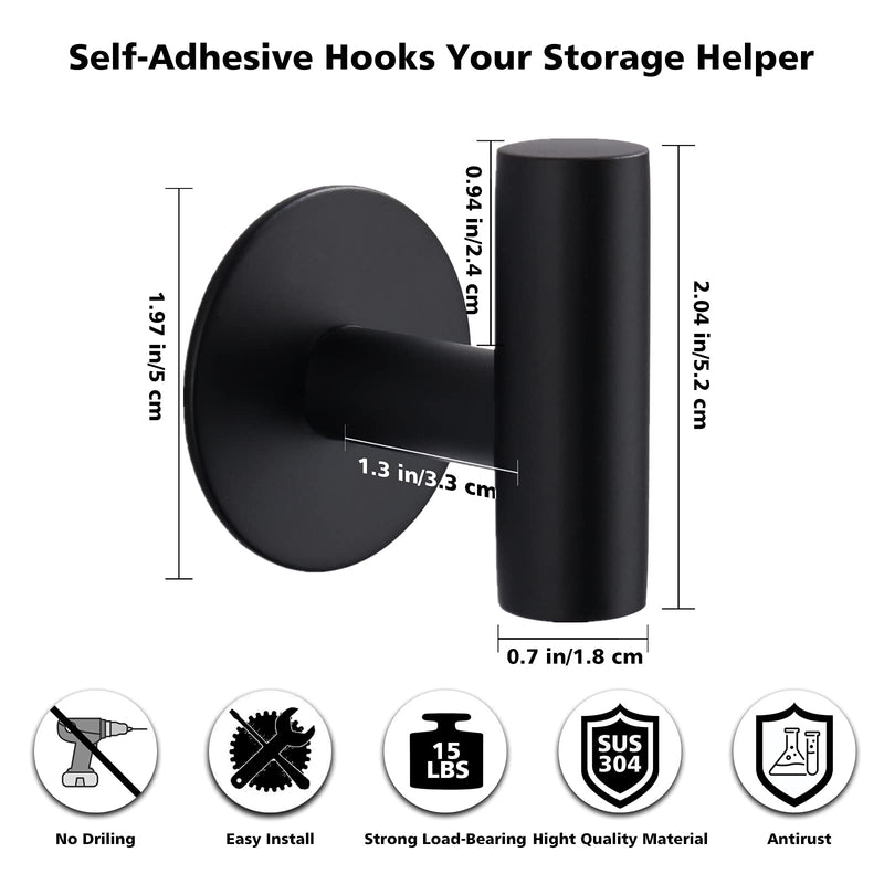 Adhesive Hooks Heavy Duty Wall Hooks Stainless Steel Waterproof Shower Hooks, Adhesive Holders Coat Hooks for Hanging, Wall Mounted Towel Hooks for Bathroom Kitchen - 2 Pack Matte Black