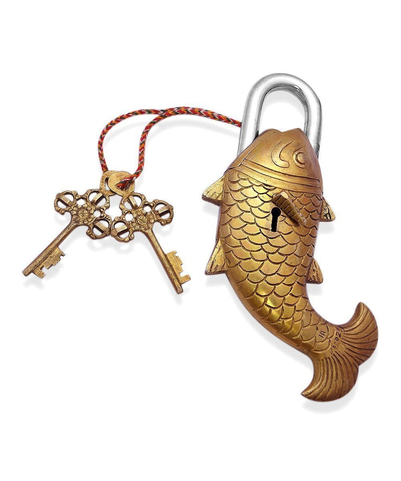 Purpledip Fish Shaped Antique Handcrafted Brass Padlock for Security,Big Sized (10277)