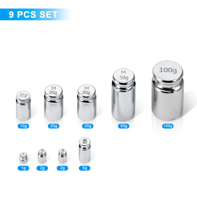 Calibration Weights 210g, 9 PCS Stainless Steel Scale Calibration Weight Kit, 1g 2g 5g 10g 20g 50g 100g Calibration Weight with Storage Box, Tweezers for Digital Scale, Gram Scale Large