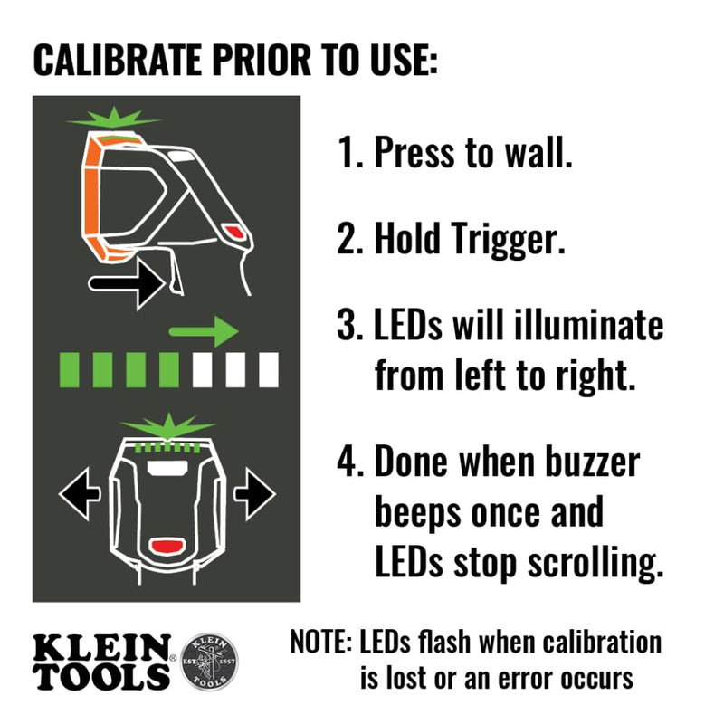 Klein Tools ESF150LL Electronic Stud Finder with Cross-Line Lasers, Bubble Level, Laser Class 3R ≤5mW 15-Foot in All Directions, for Wood and Metal Studs, Bright Green LEDs, Batteries Included