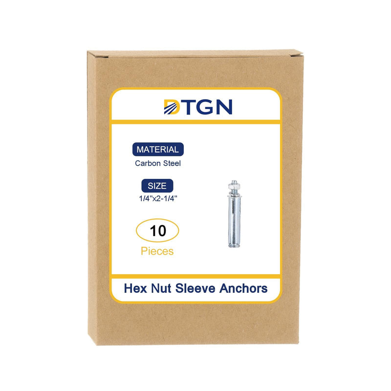 1/4" x 2-1/4" Hex Nut Sleeve Anchors - 10Pack - Good for Concrete Dry Brick Block Walls - Carbon Steel - Silver 10 1/4" x 2-1/4"