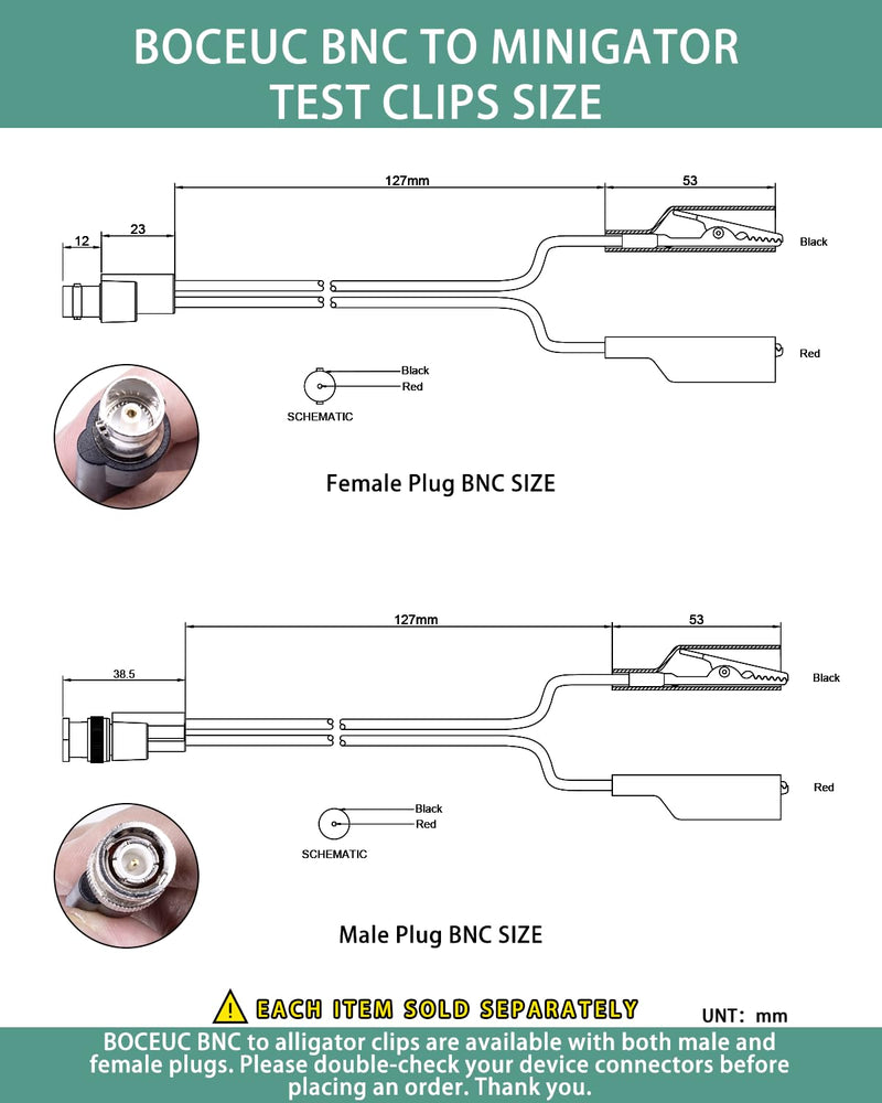 BNC Test Leads, BNC (F) to Alligator Clip, Test Lead Breakout Cable for Multimeter, 5A Current Rating, 1 Pack Female Plug