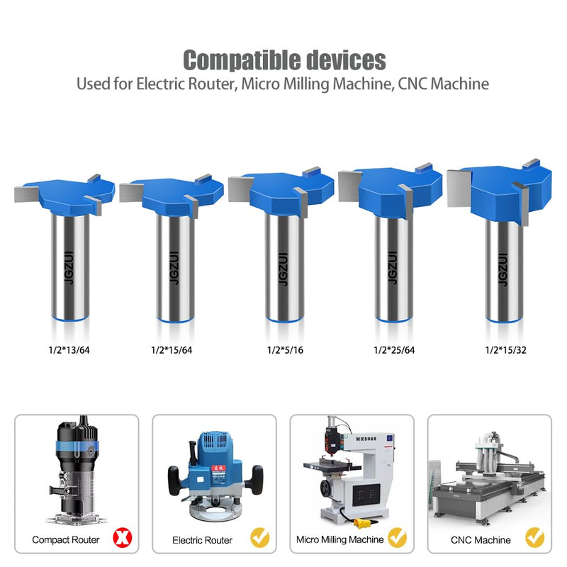 5Pcs Three-Blade Slot Cutter Router Bit, ''T'' Type Slotting Bit , Slot Router Bit Set,1/2" Shank,Cutting Height 13/64", 15/64", 5/16", 25/64", 15/32", Slotting Knife for Woodworking 1/2inch Shank 5 Bits Set