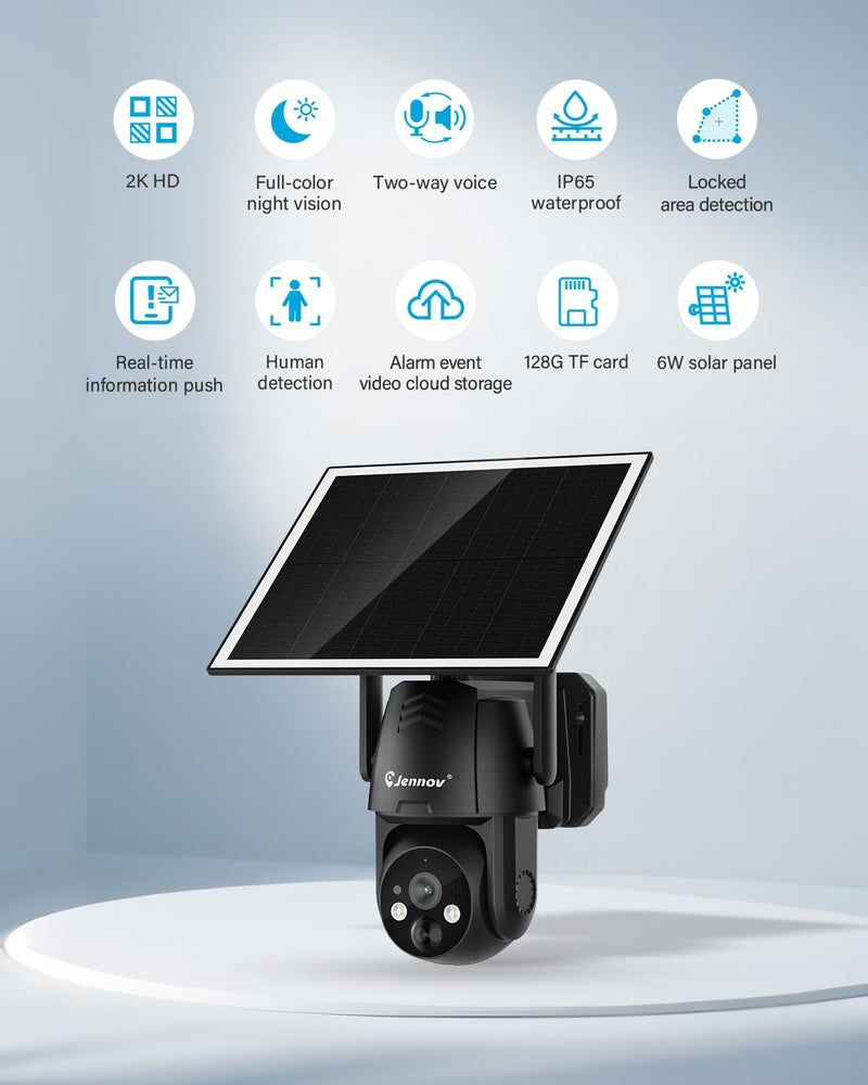 Jennov 4G LTE Cellular Solar Security Camera Wireless Outdoor, No WiFi Need Camera Home Security, 2K Color Night Vision, 360° PTZ, PIR Motion Detection, 2-Way Talk, IP65 Waterproof, Built-in SIM Card