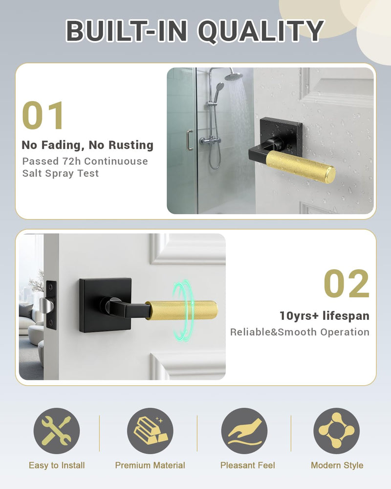 KNOBWELL 1 Pack Black and Gold Door Handle Square Doorknob with Lever Inside Passage Door Handle for Hallway Closet Pantry Square Passage