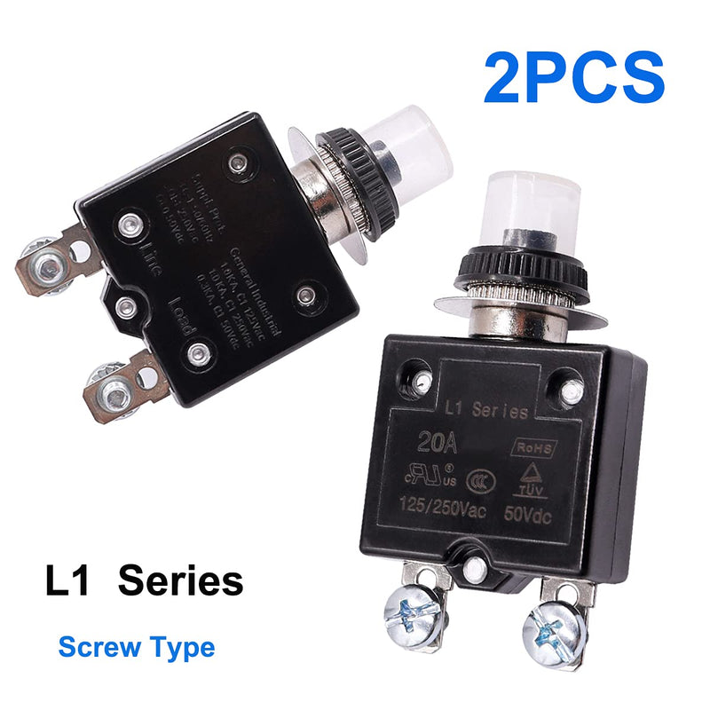 mxuteuk 2Pcs 20Amp Circuit Breakers Push Button Manual Reset 125/250V AC 50V DC, L1 Series Overload Protector Switch Thermal Circuit Breakers with Waterproof Button Caps L1-ls-20A 20A